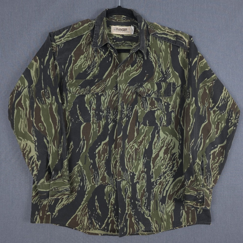 Vintage Ranger Tiger Stripe Camo Shirt Mens Large Long Sleeve Button Epaulet USA